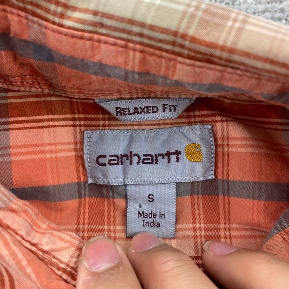Carhartt Shirt Men Small S Orange Brown Blue Plaid Button Up Relax Fit - STAINS - Picture 5 of 11